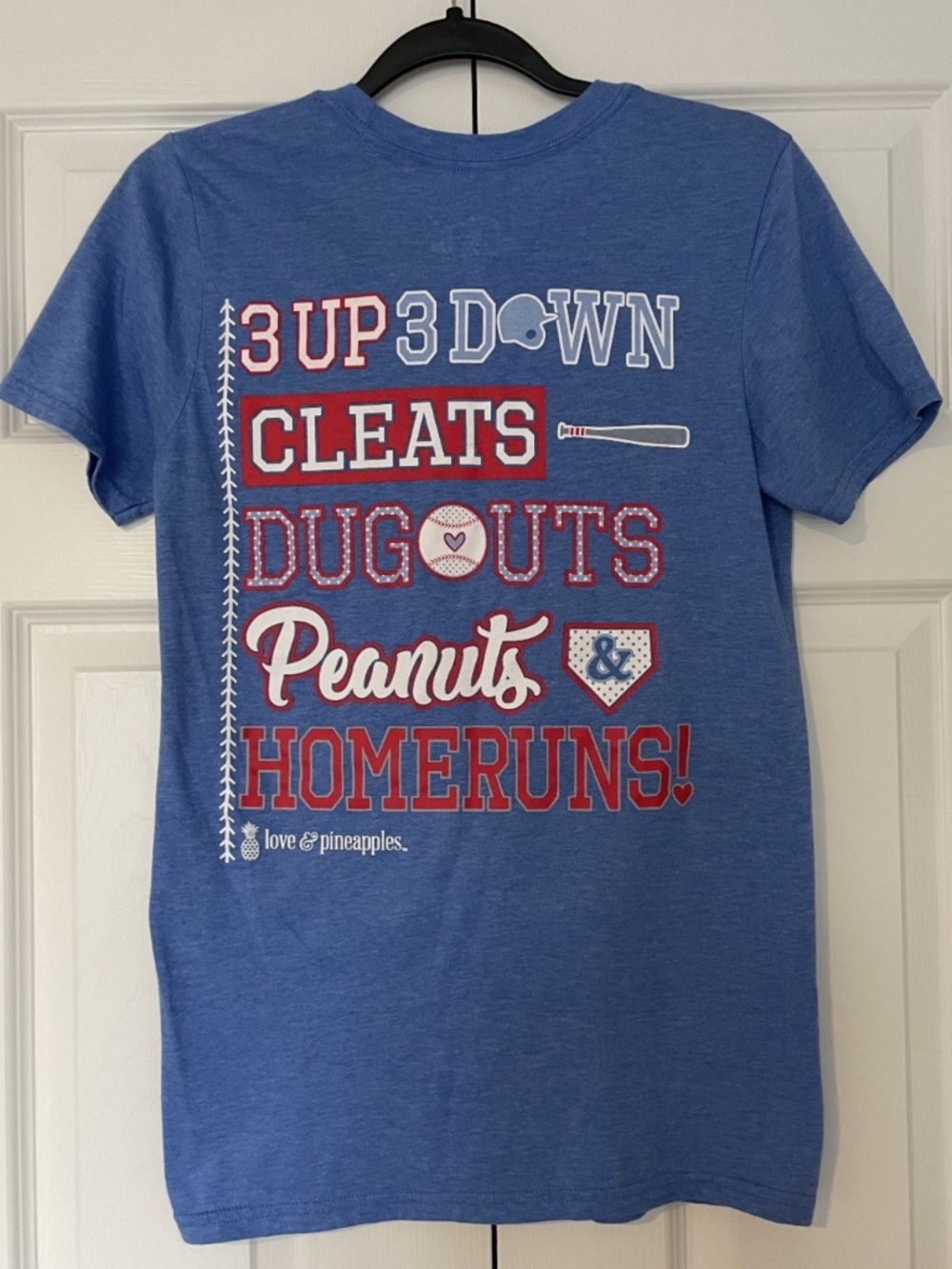 Love & Pineapples Womens Small Baseball Theme Tee Red White Blue Short Sleeve